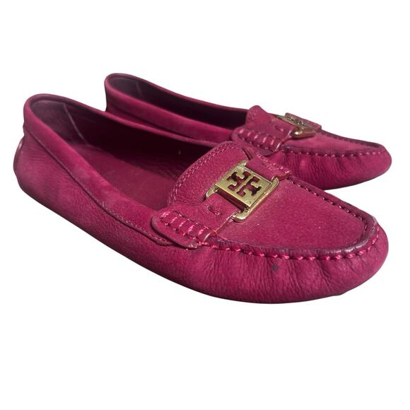 Tory Burch Cranberry Red Kendrick Driver Loafers Size 7 .5 Flats Leather - Picture 1 of 11